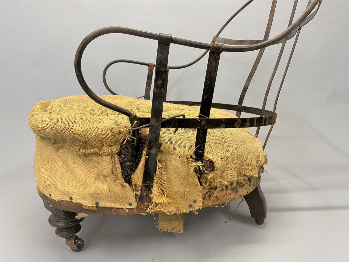 Deconstructed Antique Iron Frame Armchair with Tall Curved Back - Image 8