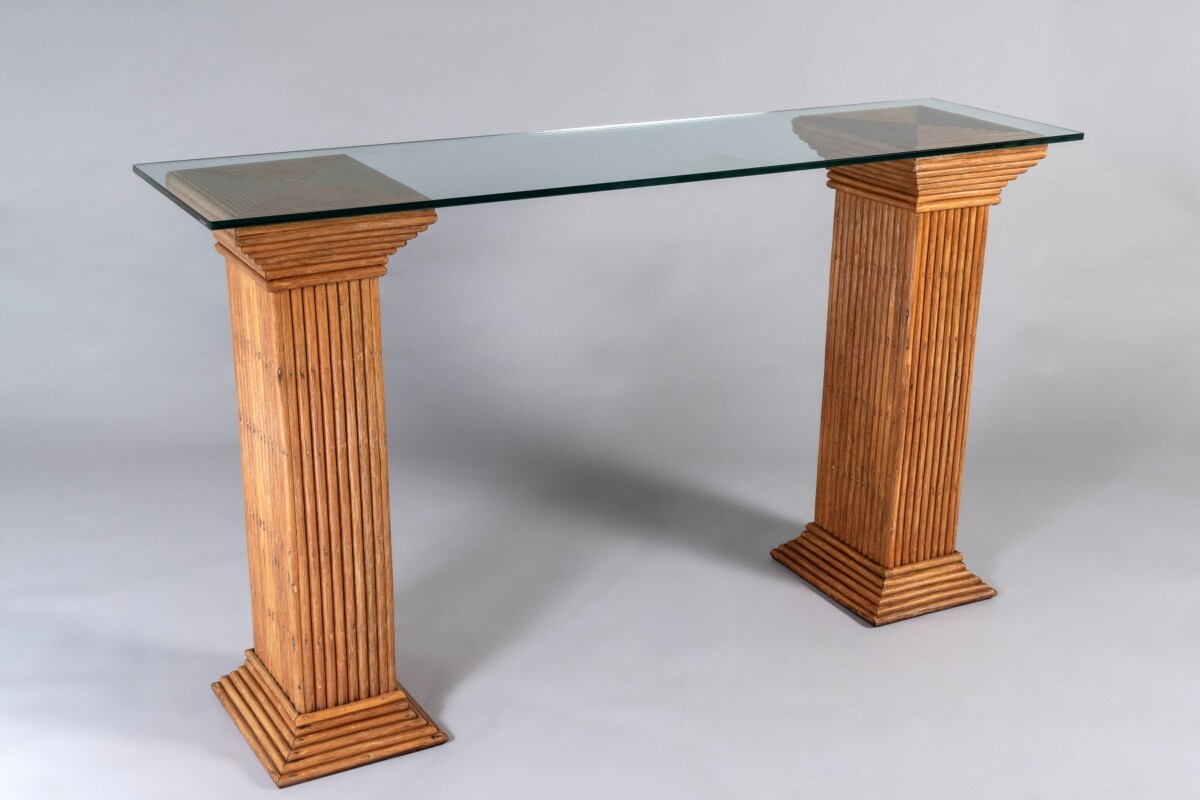 A Pair of Vivai del Sud Rattan Bamboo Pedestals | Glass Top Console Table