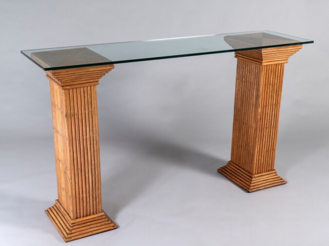 A Pair of Vivai del Sud Rattan Bamboo Pedestals | Glass Top Console Table