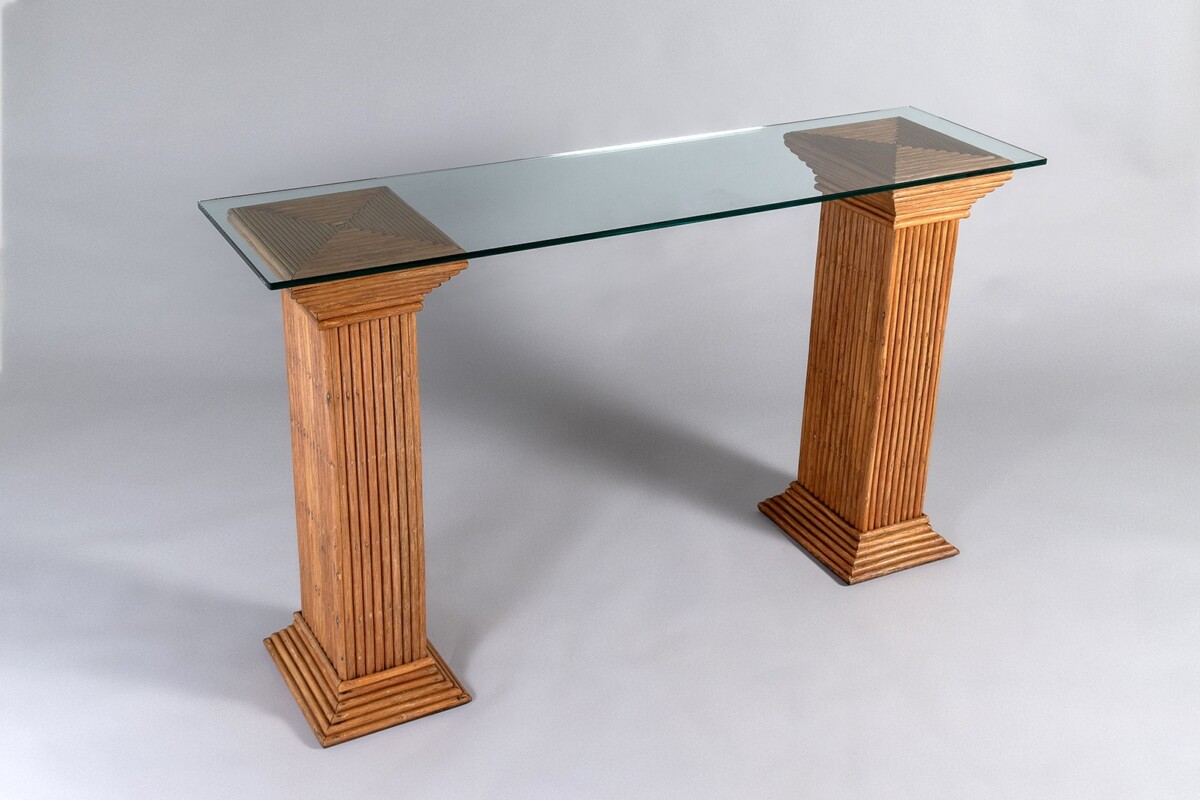 A Pair of Vivai del Sud Rattan Bamboo Pedestals | Glass Top Console Table - Image 3