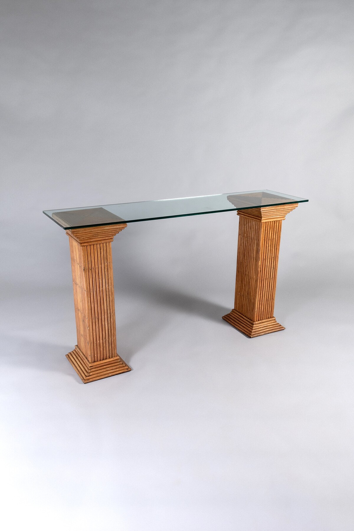 A Pair of Vivai del Sud Rattan Bamboo Pedestals | Glass Top Console Table - Image 8