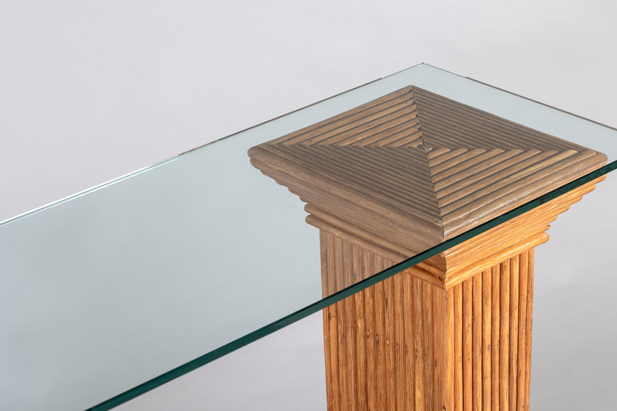A Pair of Vivai del Sud Rattan Bamboo Pedestals | Glass Top Console Table - Image 2