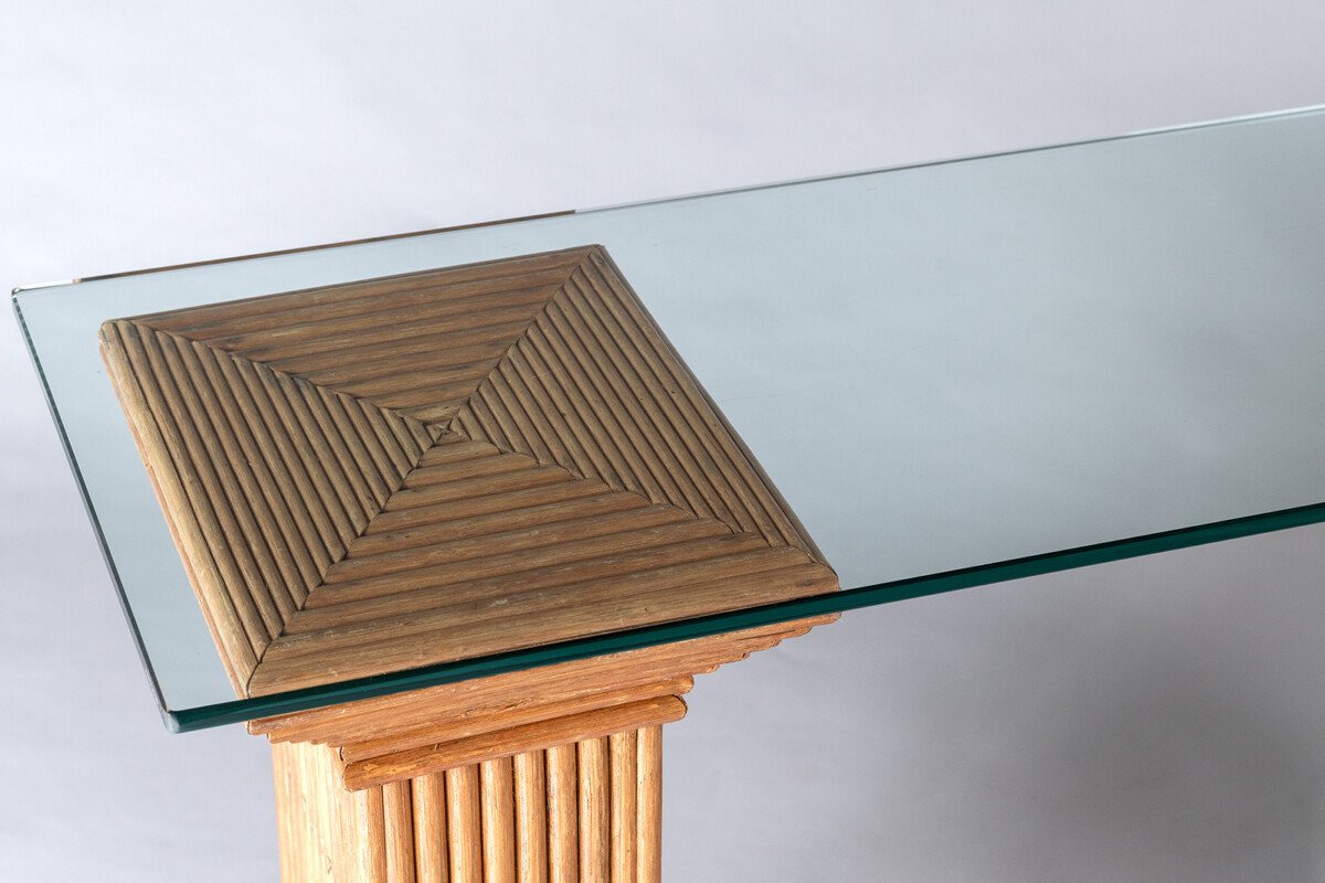 A Pair of Vivai del Sud Rattan Bamboo Pedestals | Glass Top Console Table - Image 7