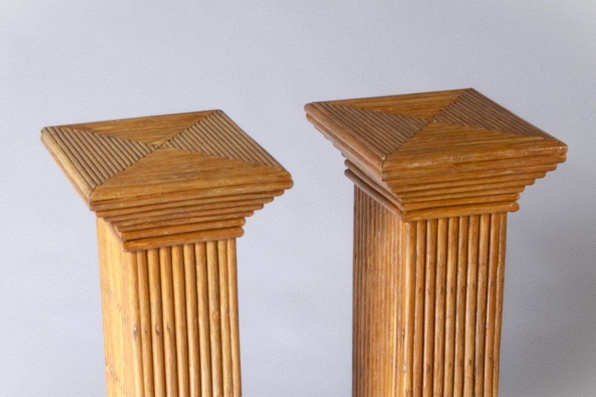 A Pair of Vivai del Sud Rattan Bamboo Pedestals | Glass Top Console Table - Image 5