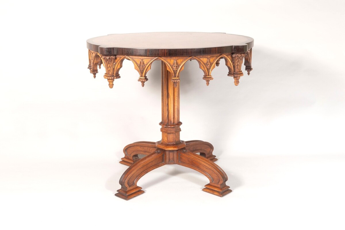 An Exceptional Arthur Brett Gothic Revival Burr Oak Inlay Centre Table