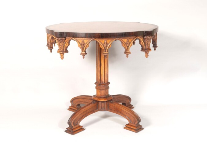 An Exceptional Arthur Brett Gothic Revival Burr Oak Inlay Centre Table