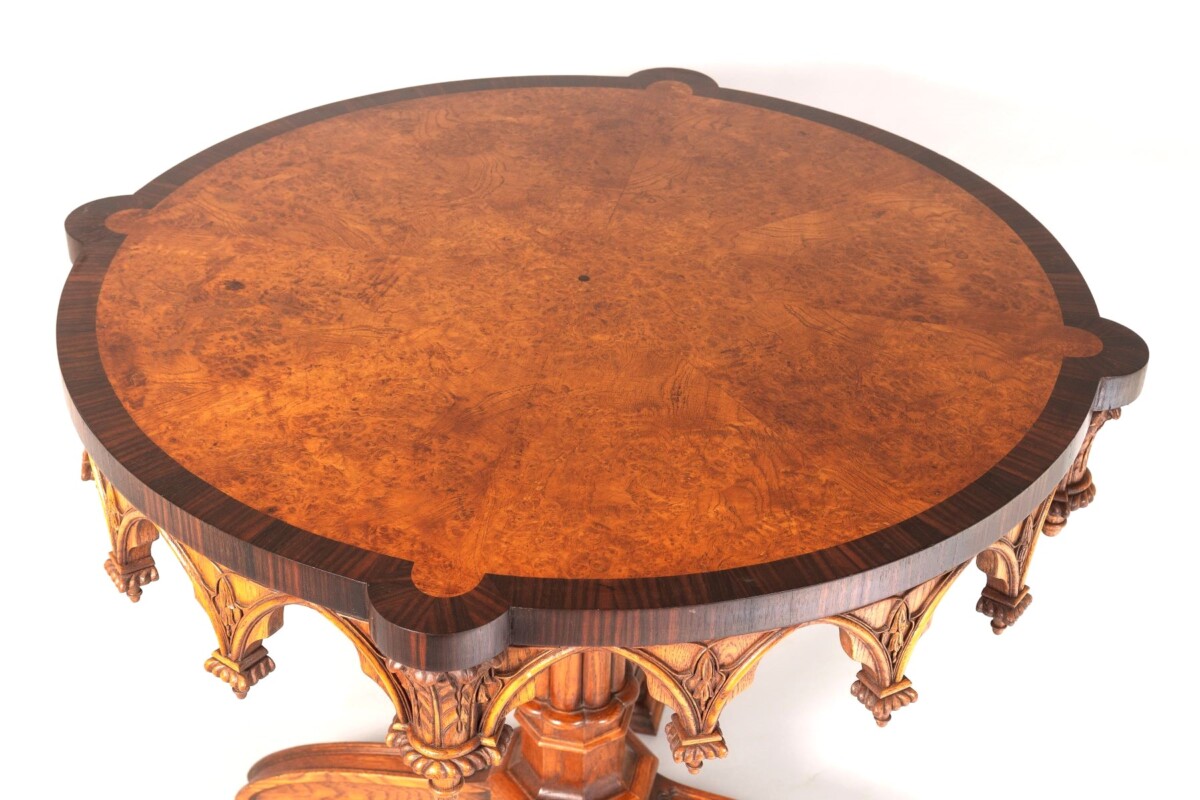 An Exceptional Arthur Brett Gothic Revival Burr Oak Inlay Centre Table - Image 3