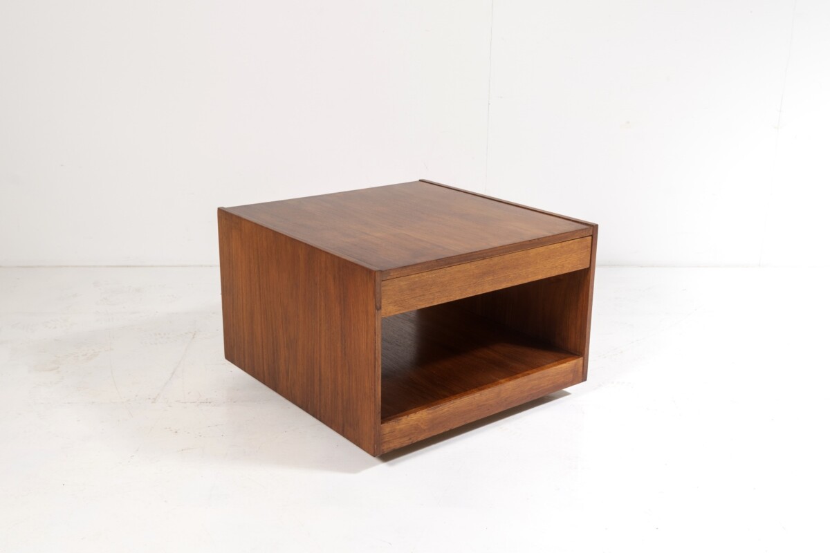 1960s Mid Century Square Cube Teak Coffee Table with Double Sided Drawer