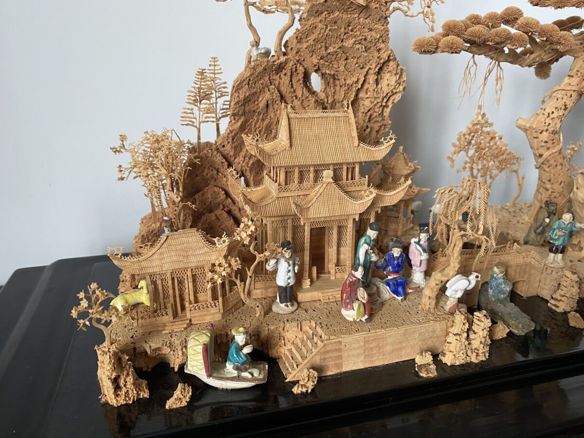 Large Scale Antique Chinese Carved Cork Diorama in Ebonised Glass Display Case - Image 18