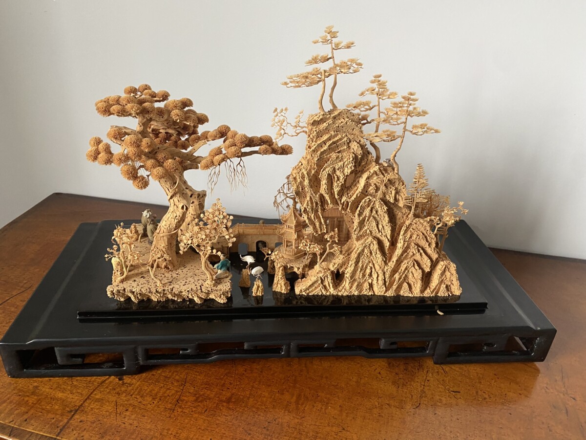 Large Scale Antique Chinese Carved Cork Diorama in Ebonised Glass Display Case - Image 14