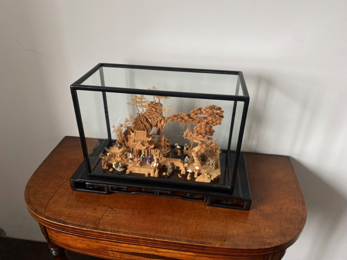 Large Scale Antique Chinese Carved Cork Diorama in Ebonised Glass Display Case - Image 4
