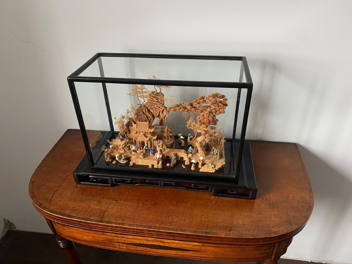 Large Scale Antique Chinese Carved Cork Diorama in Ebonised Glass Display Case - Image 6