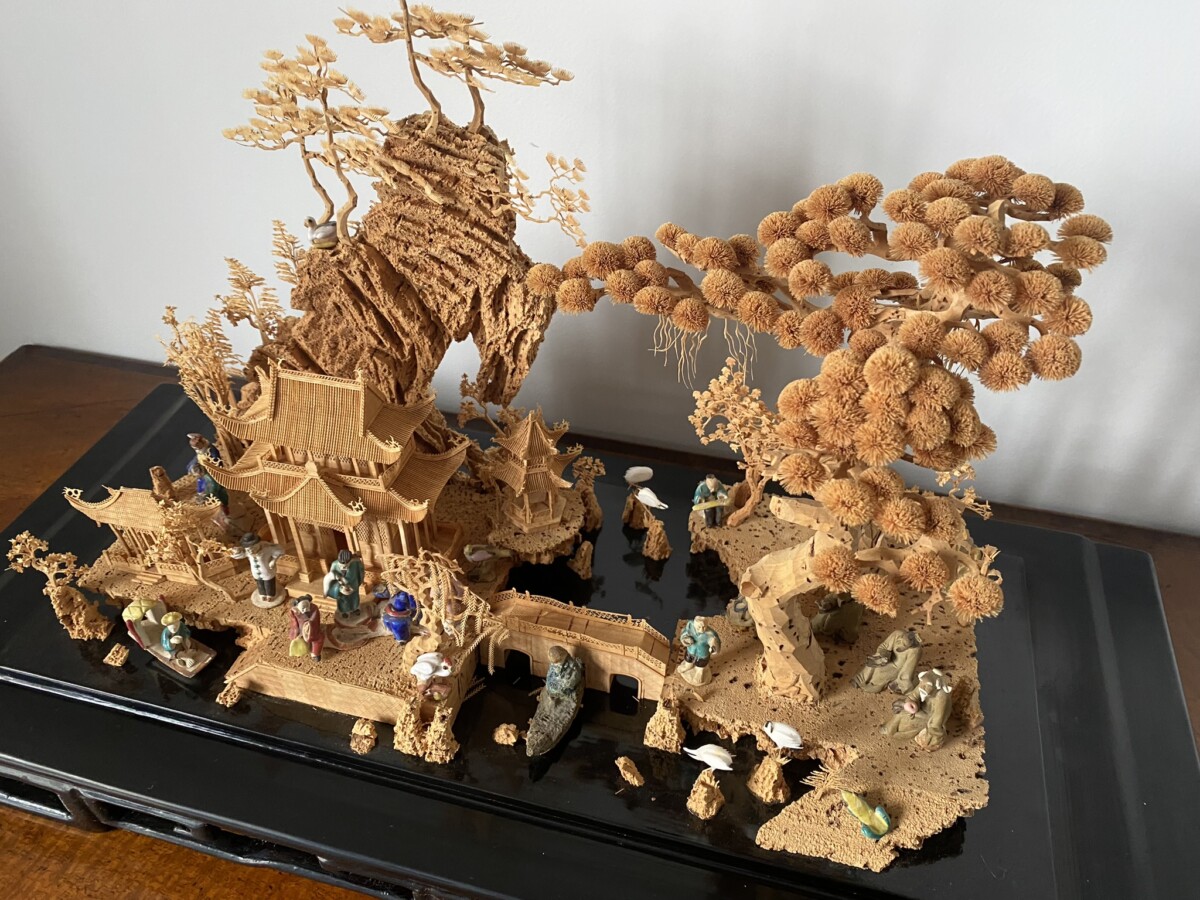 Large Scale Antique Chinese Carved Cork Diorama in Ebonised Glass Display Case - Image 10