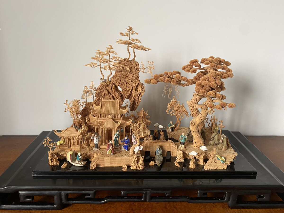 Large Scale Antique Chinese Carved Cork Diorama in Ebonised Glass Display Case - Image 19