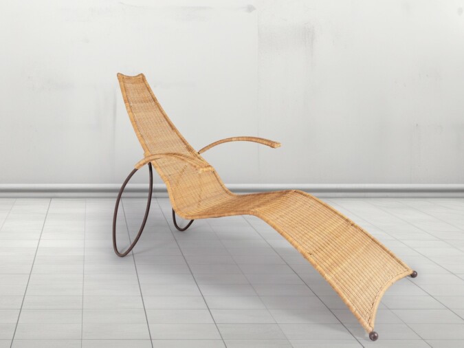 1930s Modernist Wrought Iron Frame Wicker Sun Longer Chaise with Arms and Footrest