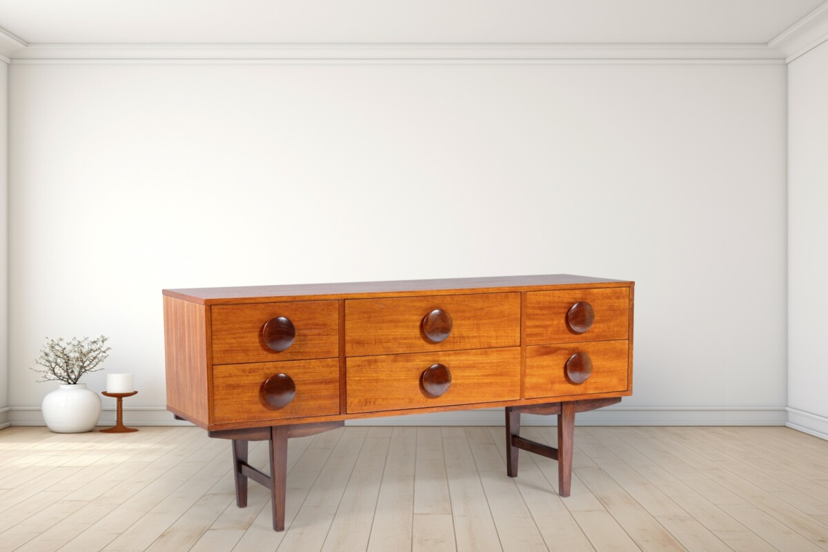 A Stylish 1960s Mid Century Button Handled Teak Sideboard  | 6 drawer Credenza