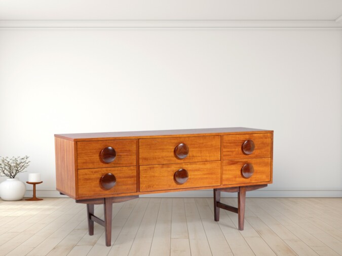 A Stylish 1960s Mid Century Button Handled Teak Sideboard  | 6 drawer Credenza