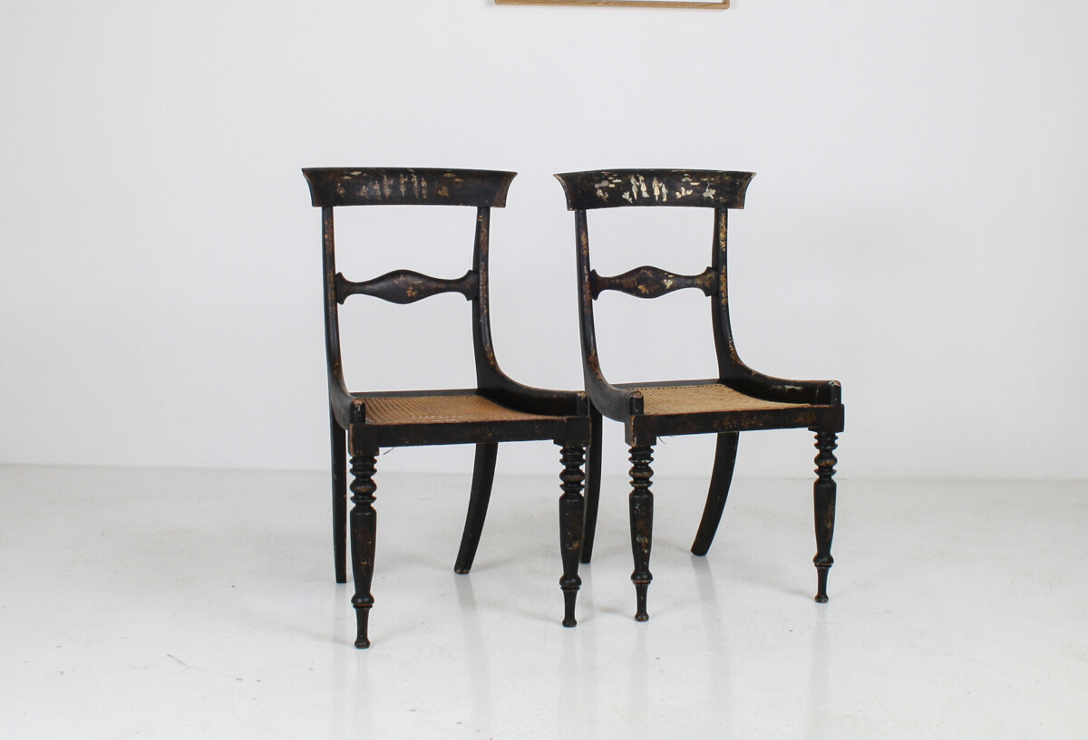 A Pair of 19th Century Antique Ebonised Chinoiserie Occasional Chairs with Cane Seats
