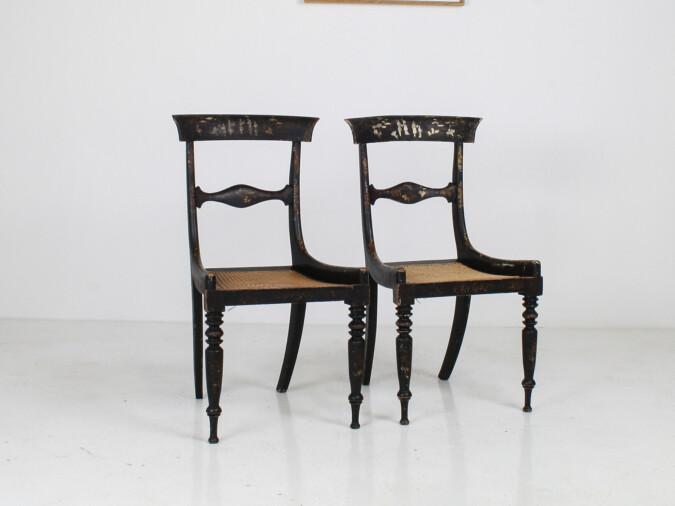 A Pair of 19th Century Antique Ebonised Chinoiserie Occasional Chairs with Cane Seats