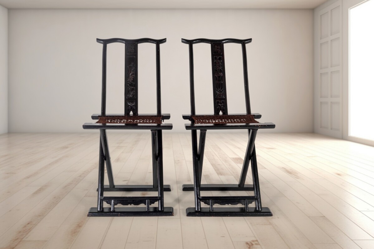 A Pair of Ebonised Chinese Folding Occasional Hall Chairs Late Qing, Early Republic Era