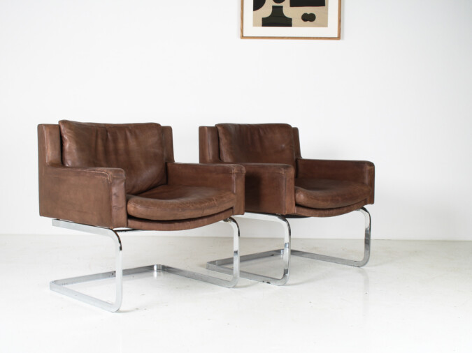 A Pair of Robert Haussmann for De Sede DS-201 Mid Century Brown Leather Armchairs