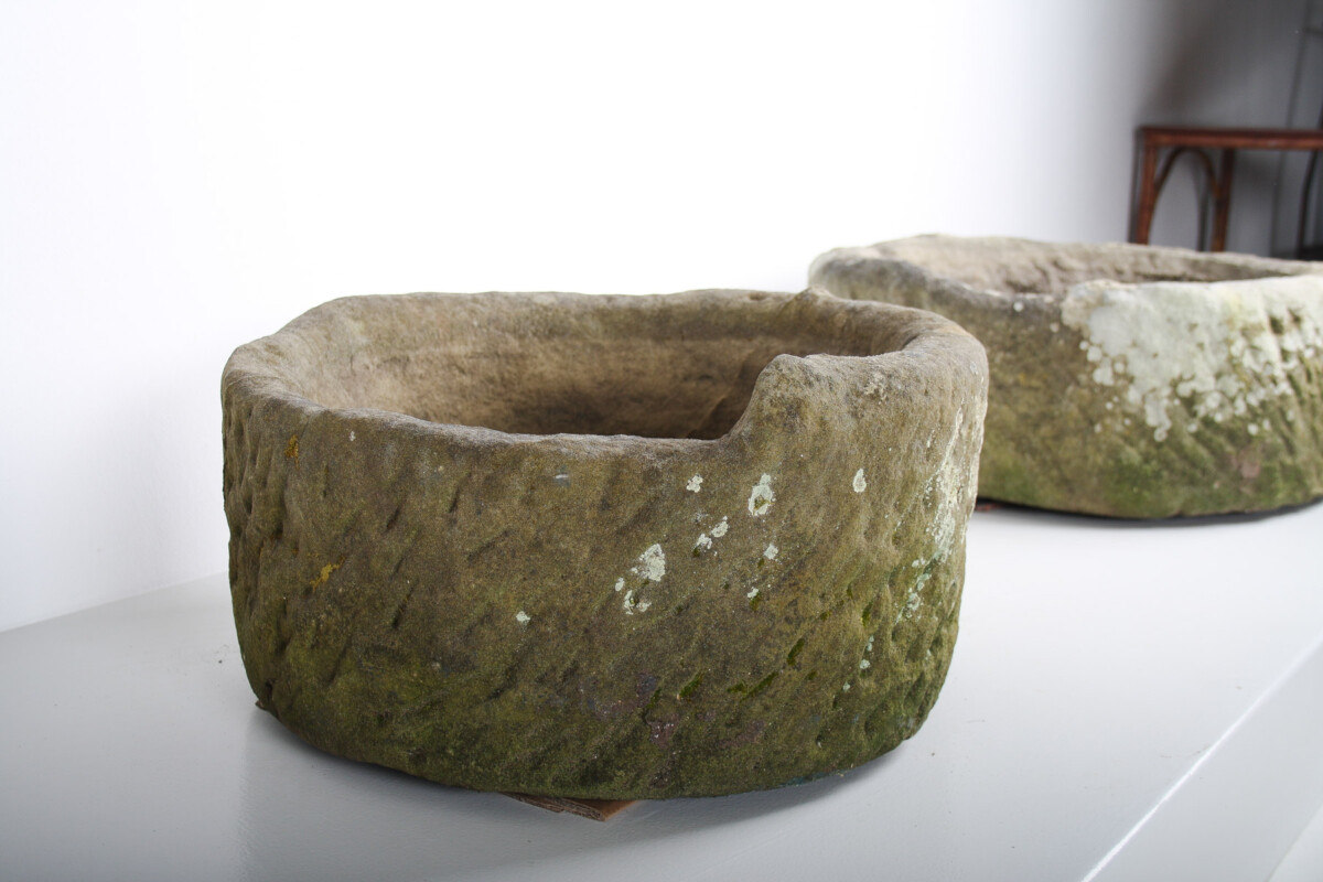 Weathered Pair of 19th Century English Carved Sandstone Garden Planters - Image 6