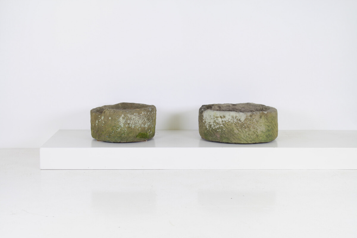 Weathered Pair of 19th Century English Carved Sandstone Garden Planters
