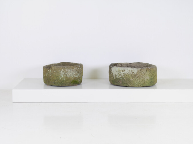 Weathered Pair of 19th Century English Carved Sandstone Garden Planters
