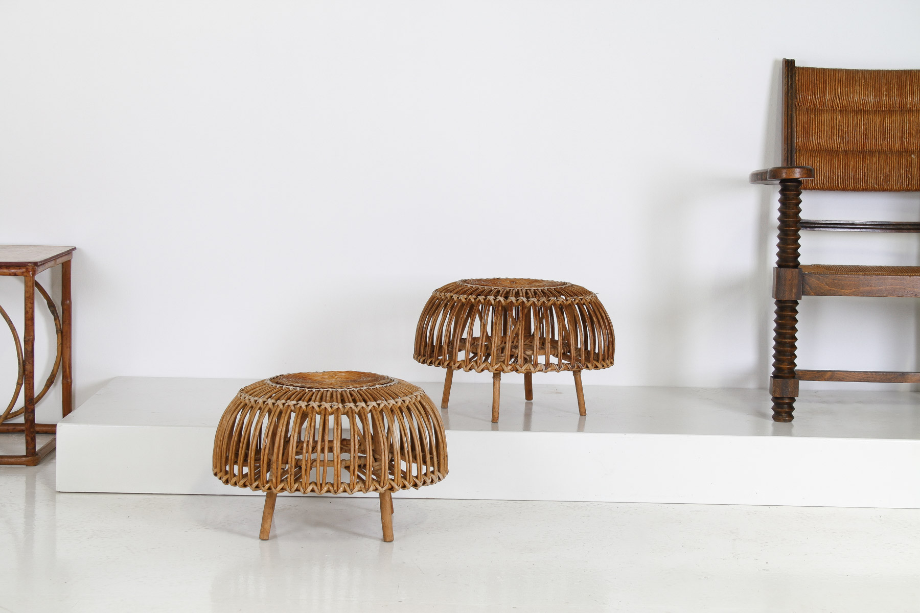 A Pair of Rattan Wicker Ottoman Footstools in the manner of Franco Albini Lobster Pot Greencore Design