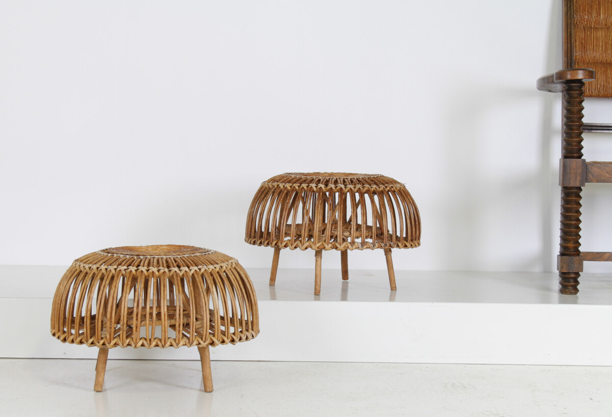 A Pair of Rattan Wicker Ottoman Footstools in the manner of Franco Albini 'Lobster Pot'