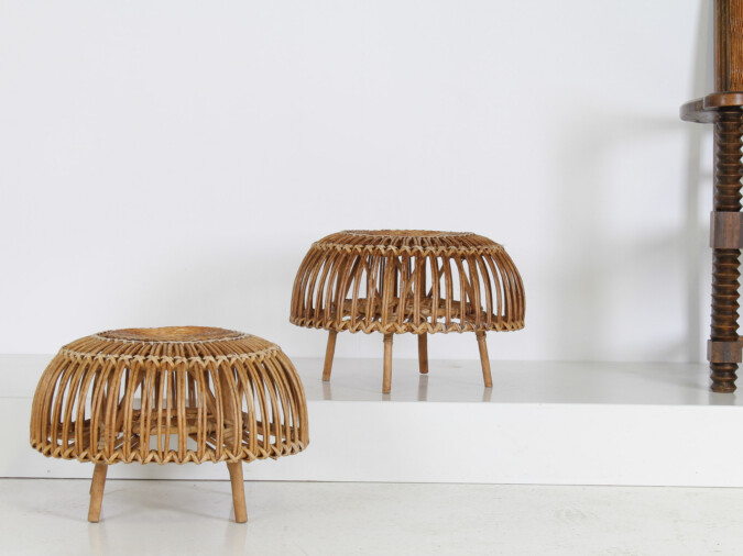 A Pair of Rattan Wicker Ottoman Footstools in the manner of Franco Albini 'Lobster Pot'