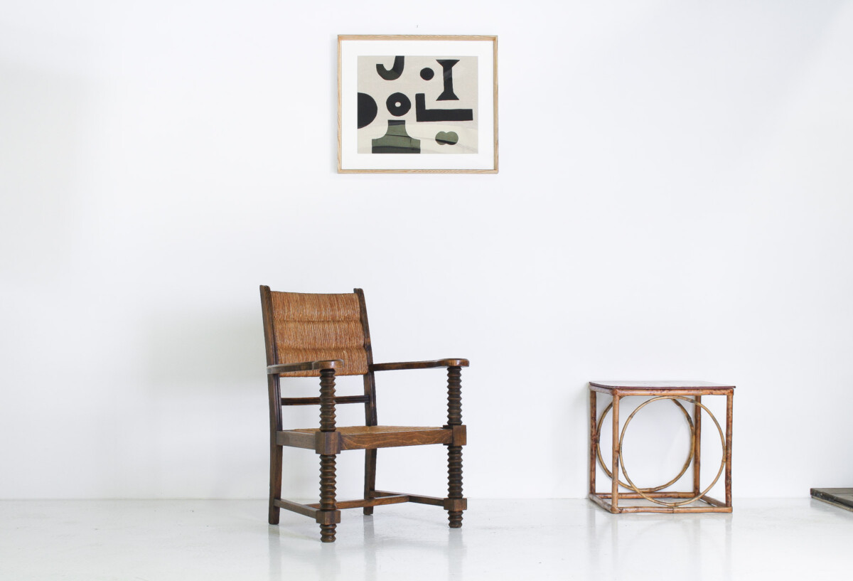 A 1950s Oak Corkscrew Armchair with Straw Seat attributed to Charles Dudouyt - Image 5