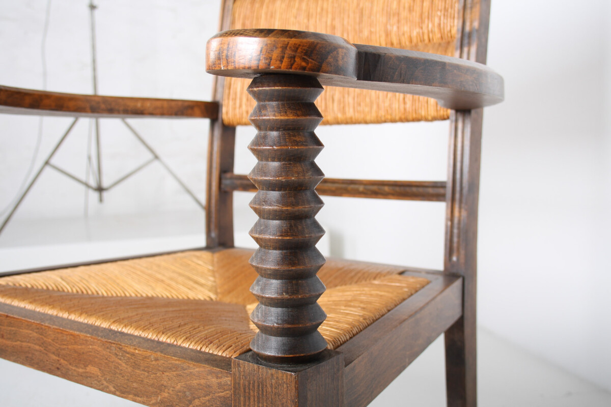 A 1950s Oak Corkscrew Armchair with Straw Seat attributed to Charles Dudouyt - Image 8