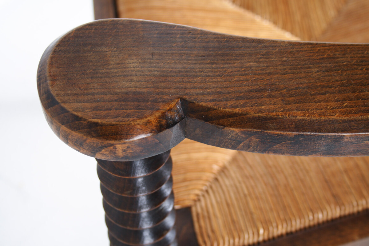 A 1950s Oak Corkscrew Armchair with Straw Seat attributed to Charles Dudouyt - Image 7