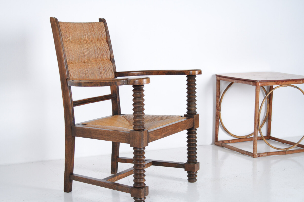 A 1950s Oak Corkscrew Armchair with Straw Seat attributed to Charles Dudouyt - Image 18