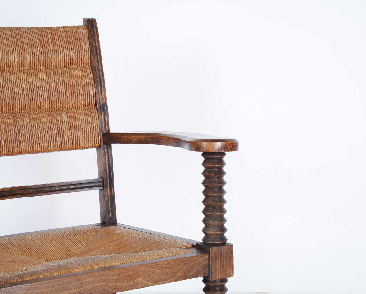 A 1950s Oak Corkscrew Armchair with Straw Seat attributed to Charles Dudouyt - Image 2