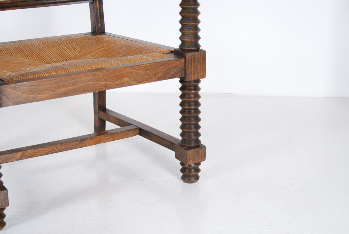 A 1950s Oak Corkscrew Armchair with Straw Seat attributed to Charles Dudouyt - Image 11