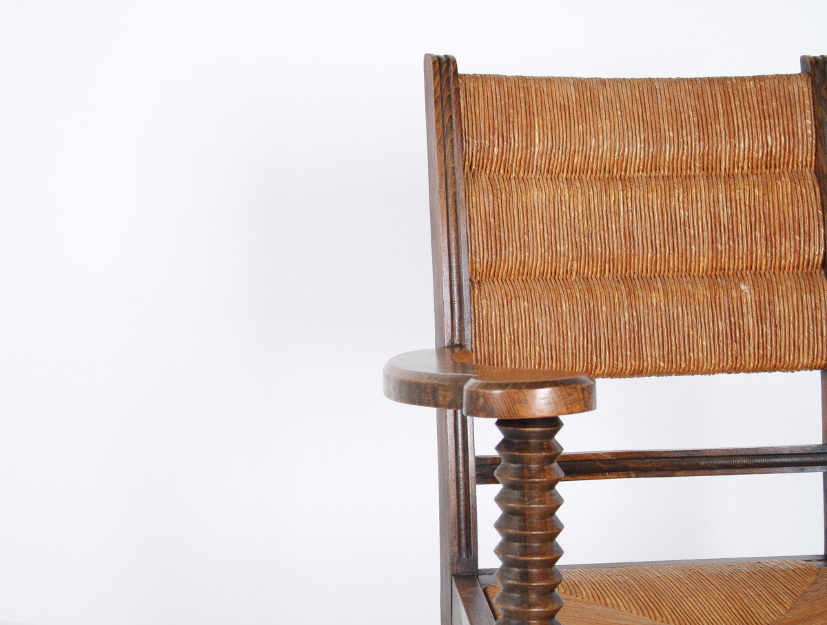A 1950s Oak Corkscrew Armchair with Straw Seat attributed to Charles Dudouyt - Image 16