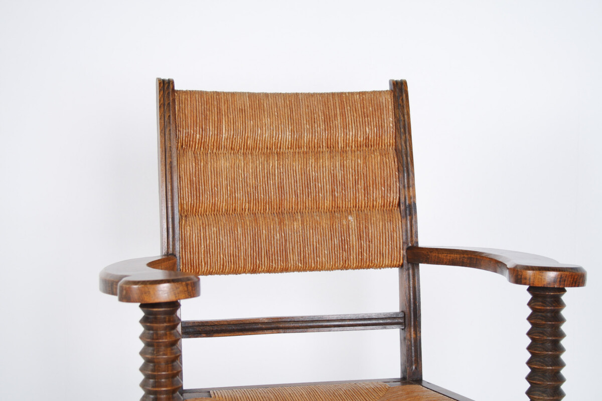 A 1950s Oak Corkscrew Armchair with Straw Seat attributed to Charles Dudouyt - Image 15