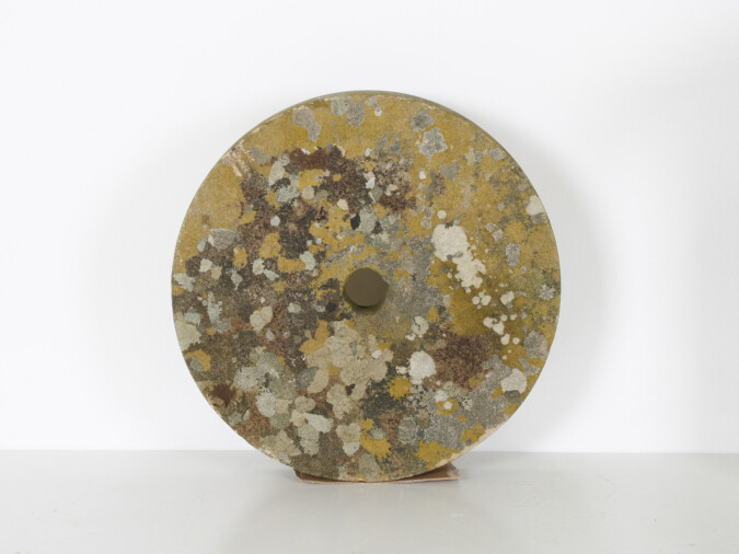 Antique Yorkstone Mill Wheel or Grinding Stone with Weathered Patina and Lichen