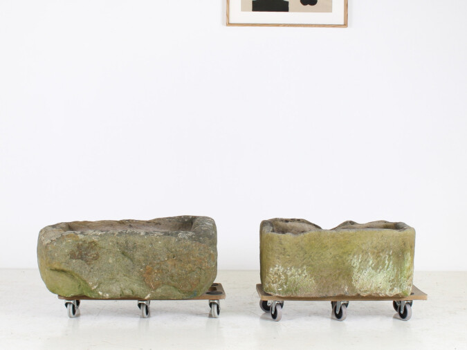 A Primitive Pair of Stone Trough Garden Planters with Weathered Patina