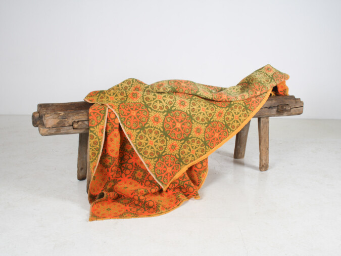 A Vibrant Vintage 1960s Mid-Century Boho Wool Blanket Throw in Pumpkin Orange