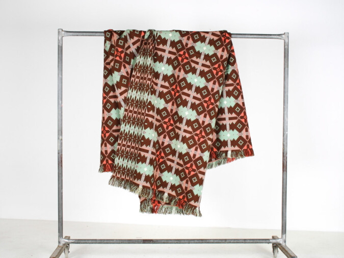 1960s Vintage Pure Welsh Wool Tapestry Blanket in Autumnal Brown and Green
