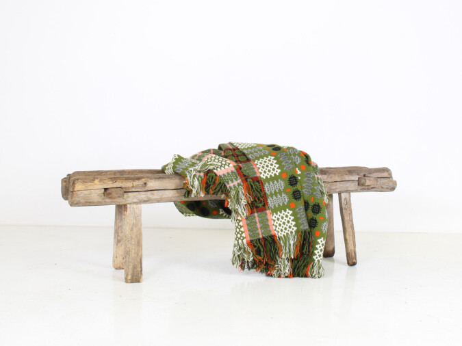 1960s Vintage Pure Welsh Wool Tapestry Blanket - Warm Green and Reds