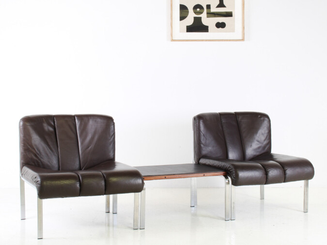 Mid-Century 1970s Brown Leather and Chrome Chair Set by Hans Eichenberger