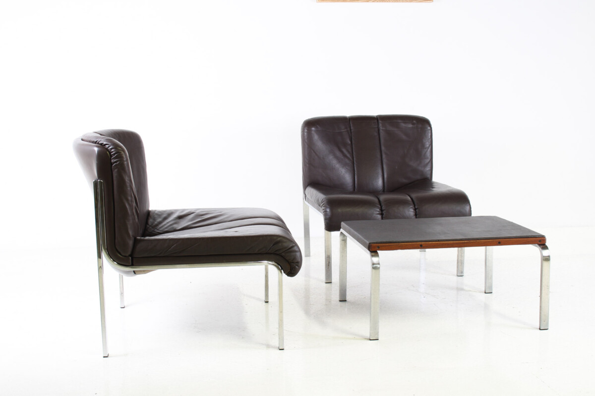Mid-Century 1970s Brown Leather and Chrome Chair Set by Hans Eichenberger - Image 4