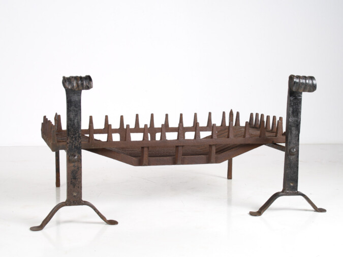 A large 3ft Cast Iron Fireplace Basket with Blacksmith made Forged Fire Dogs