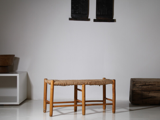 1950s Mid Century French Straw Woven Bench Seat in the Style of Charlotte Perriand