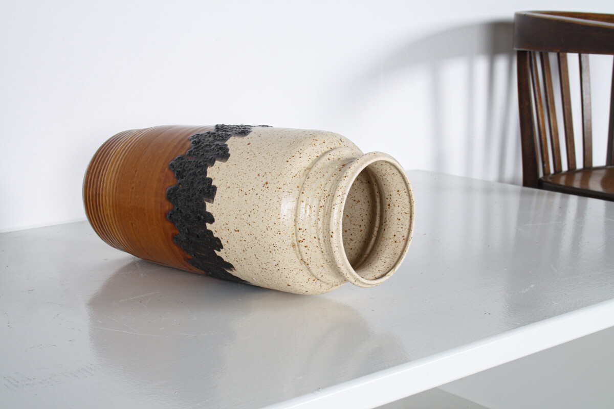 A Large Vibrant West German Pottery Fat Lava Vase in Orange, Black and Cream by BAY - Image 6