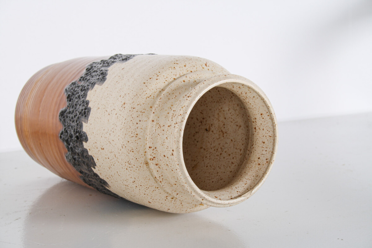 A Large Vibrant West German Pottery Fat Lava Vase in Orange, Black and Cream by BAY - Image 13